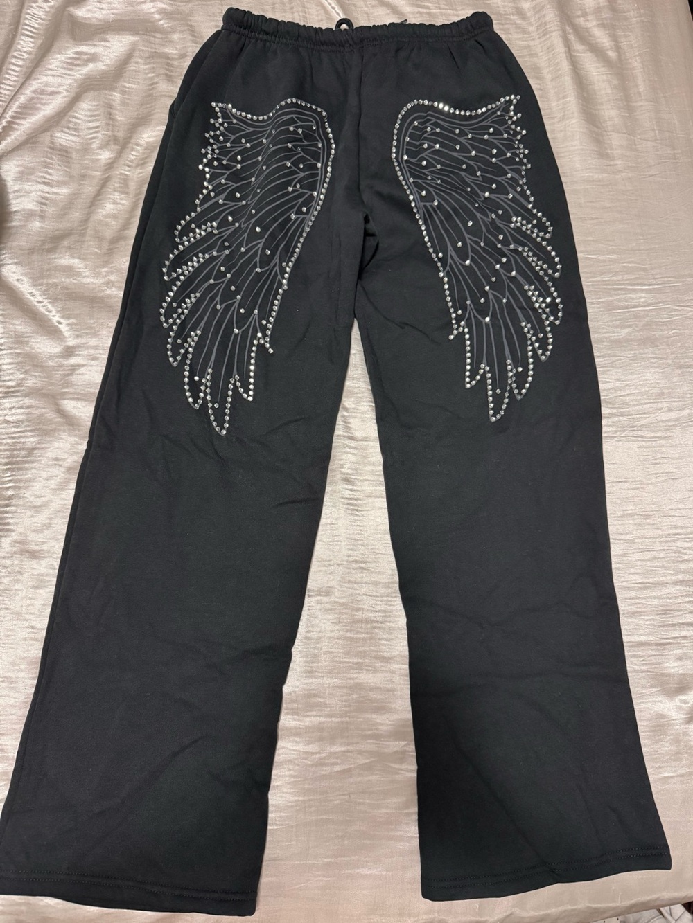 BNWOT Black Sweats with Rhinestone Angel Wing Detail